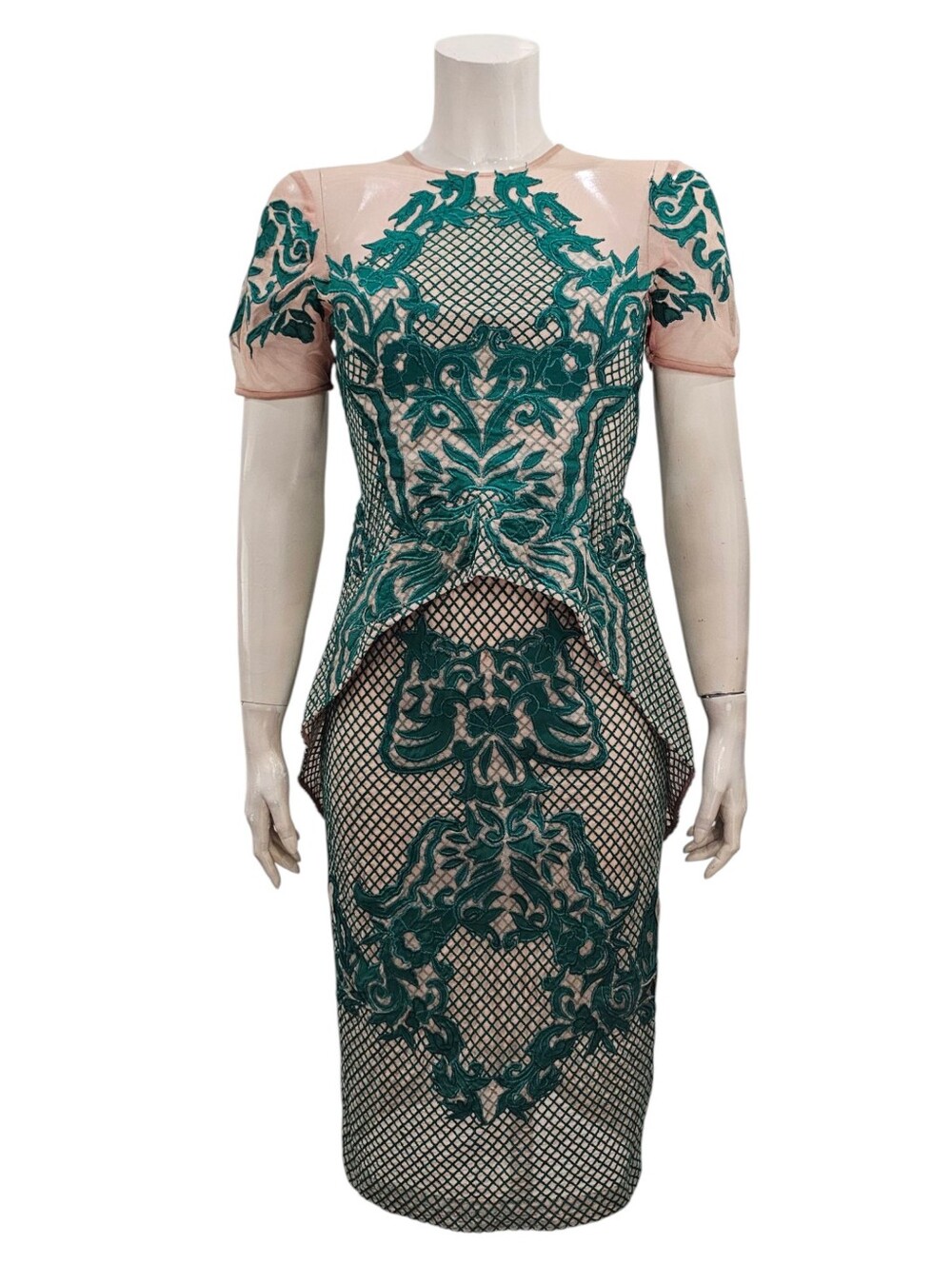 THURLEY Rosetta Stone Green Lace Embroidery Over Nude Mesh Sheath Dress US 4